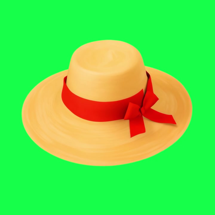 Sombrero de paja animado en 3D con cinta roja formando un lazo sobre pantalla verde