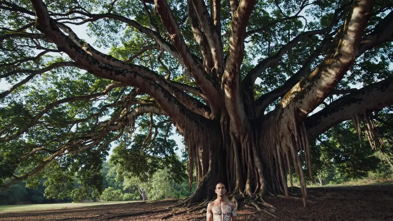 Spiritual journey unfolds as an indigenous man connects with the ancient energy of a giant banyan tree, symbolizing harmony, wisdom, and the sacred bond between humanity and nature