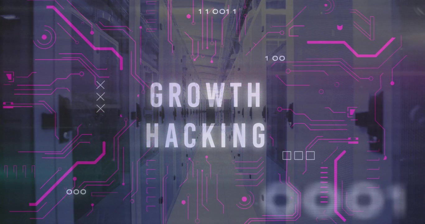 Animation of binary codes over circuit board pattern and growth hacking text against server room