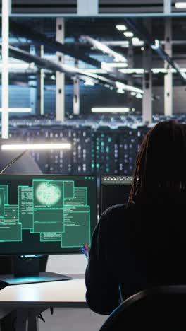 vertical video cybersecurity team in data center trying to prevent unauthorized access