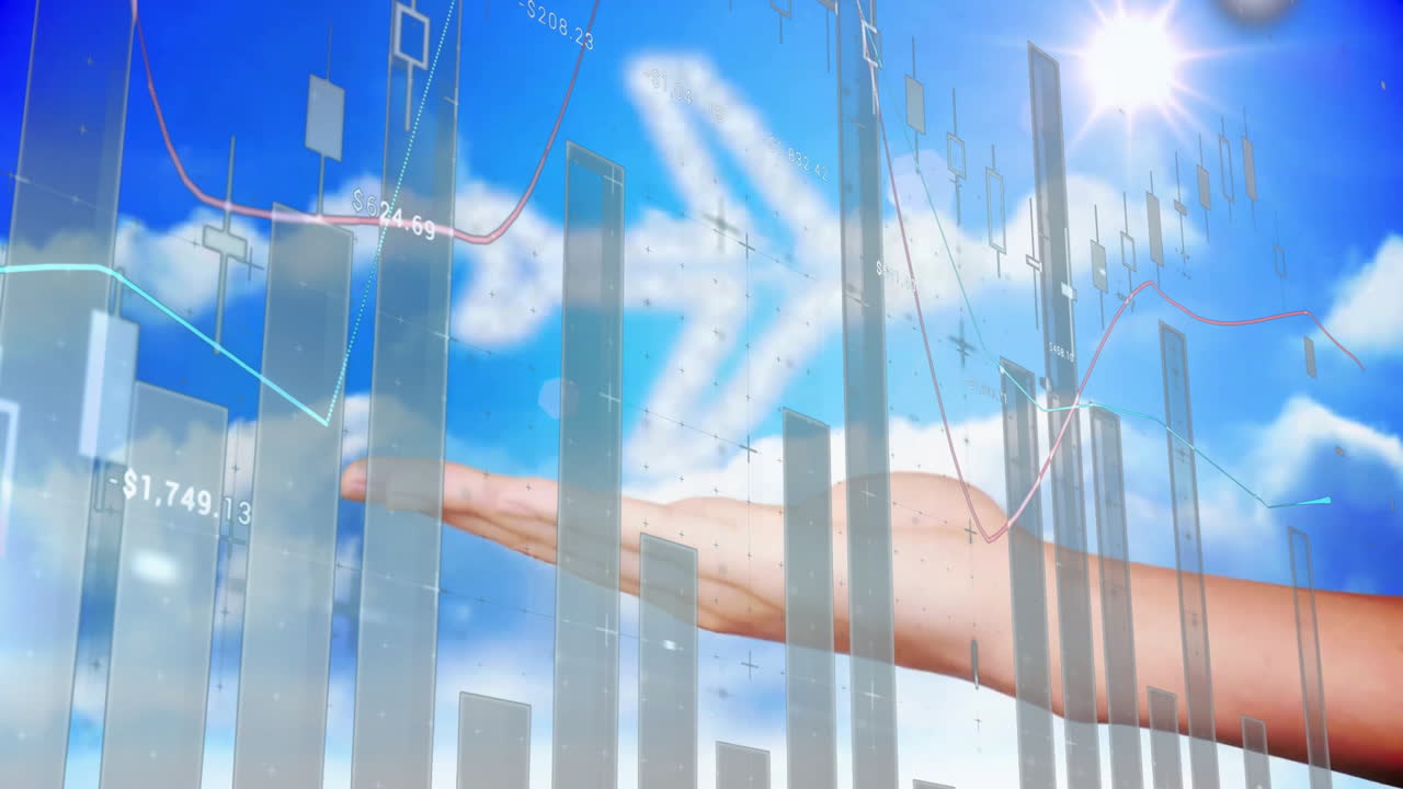 Holding digital graphs, hand with animation against blue sky and clouds backdrop