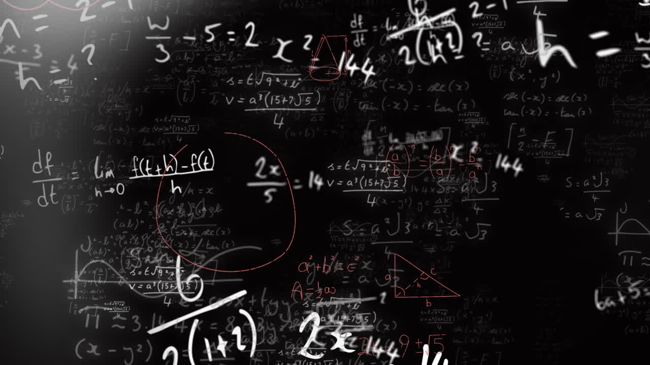 animación de puntos de luz sobre ecuaciones y fórmulas matemáticas flotando contra un fondo negro