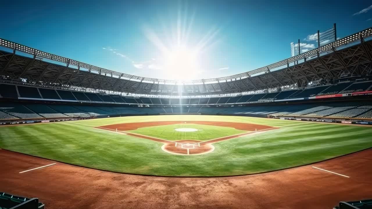 Wide-angle view of an empty baseball stadium under a bright sun, capturing the serene atmosphere