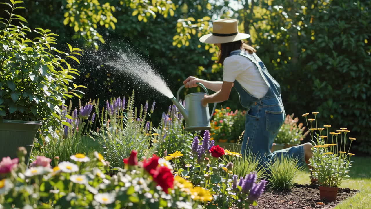 Donna che annaffia le piante in un bellissimo giardino