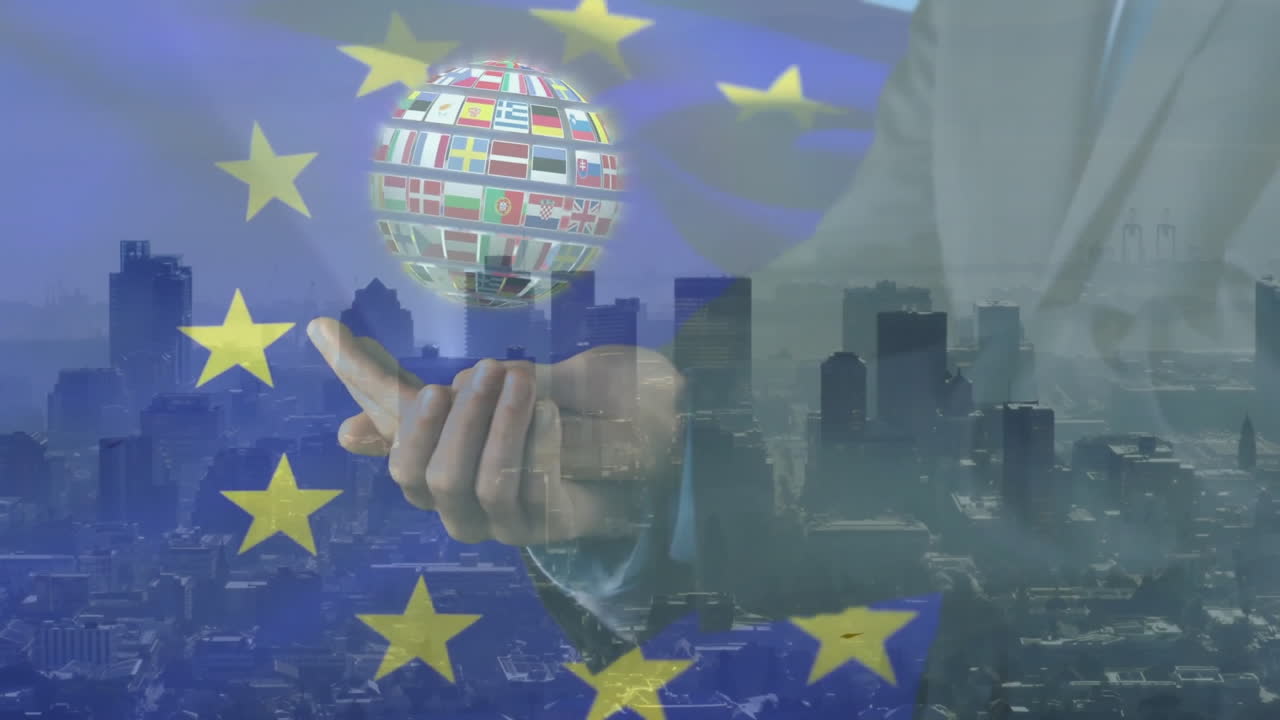 Executivo apresentando globo holográfico brilhante de bandeiras nacionais sobre o horizonte da UE em renderização 3D