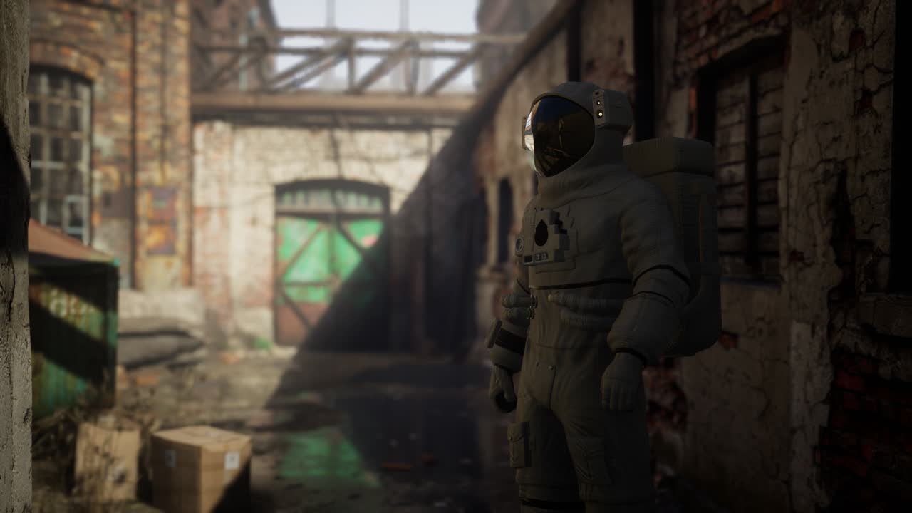astronauta perdido cerca de edificios industriales abandonados de la vieja fábrica