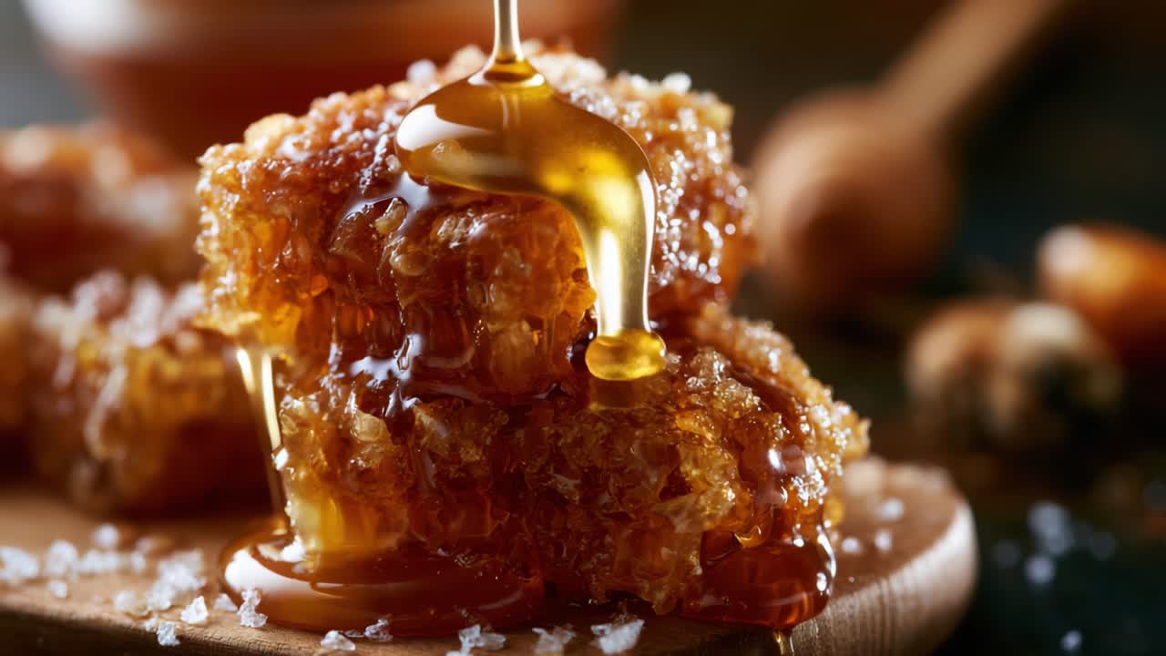Miele ricco e dorato che cola da un favo fresco, catturando la dolcezza e la consistenza del miele naturale su un tagliere di legno