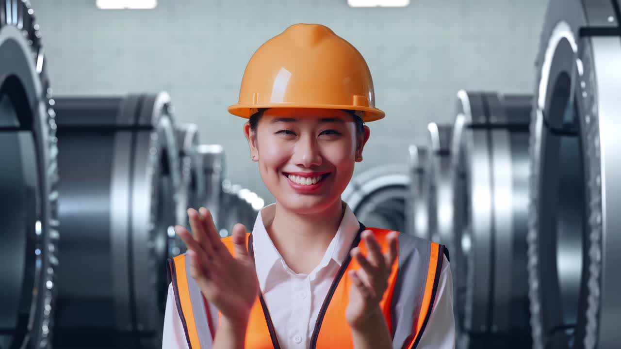 안전 헬을 입은 아시아 여성 엔지니어가 금속 공장에서 서서 웃고 손을 박고 있습니다.
