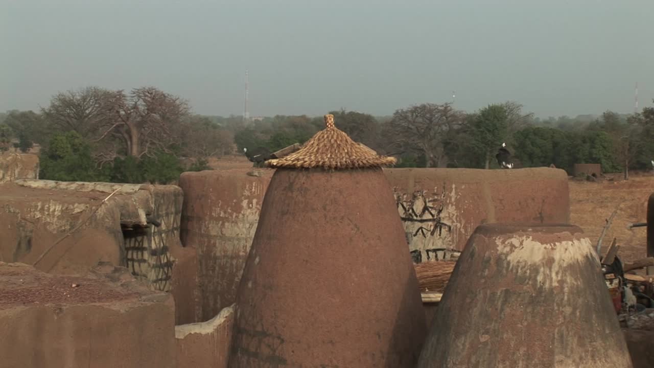 Traditional earthen granaries with conical thatched roofs in a rural landscape of northern Ghana near the Burkina Faso border