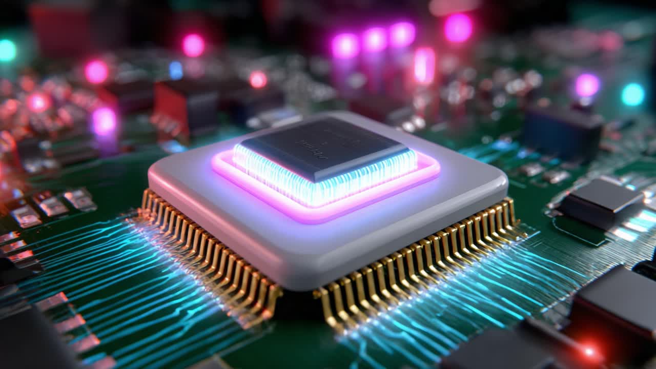 Intricate Close-Up of a Modern Microprocessor Surrounded by Glowing Circuitry, Showcasing the Cutting-Edge Technology and Innovation Driving Today's Electronics Industry to New Heights
