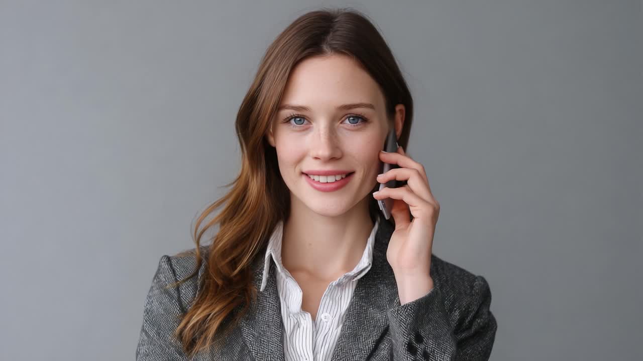Pewna siebie profesjonalistka rozmawia przez telefon komórkowy, emanując pozytywnym nastawieniem i przystępnością w stylowym garniturze na prostym tle