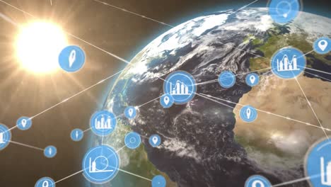 animation of network of digital icons over light spot and spinning globe