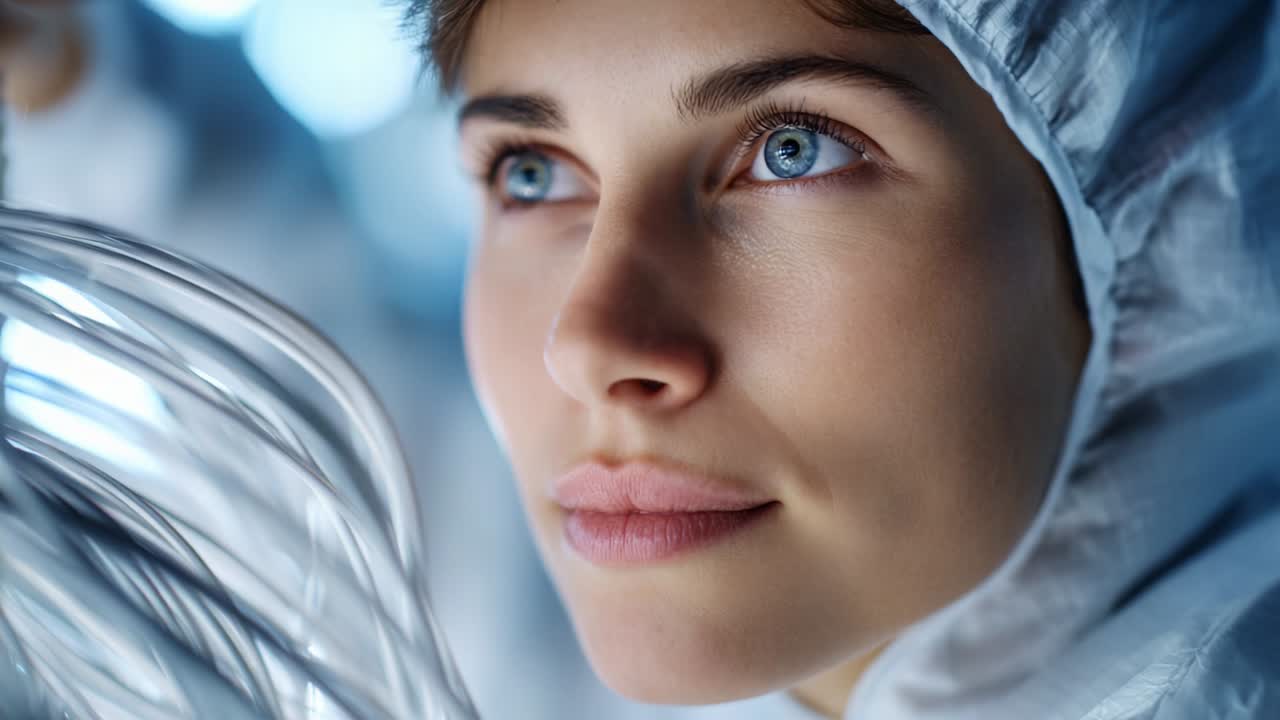 A Fascinating Portrait of a Young Scientist in a Protective Suit Gazing Intently at Transparent Tubing, Surrounded by a Soft Blue Glow That Enhances the Intrigue of Research and Innovation