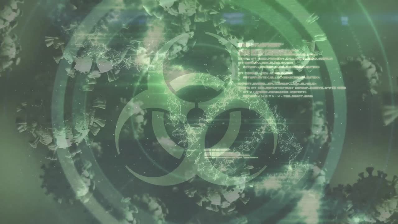 바이러스 세포 위의 생물학적 위험 기호의 애니메이션