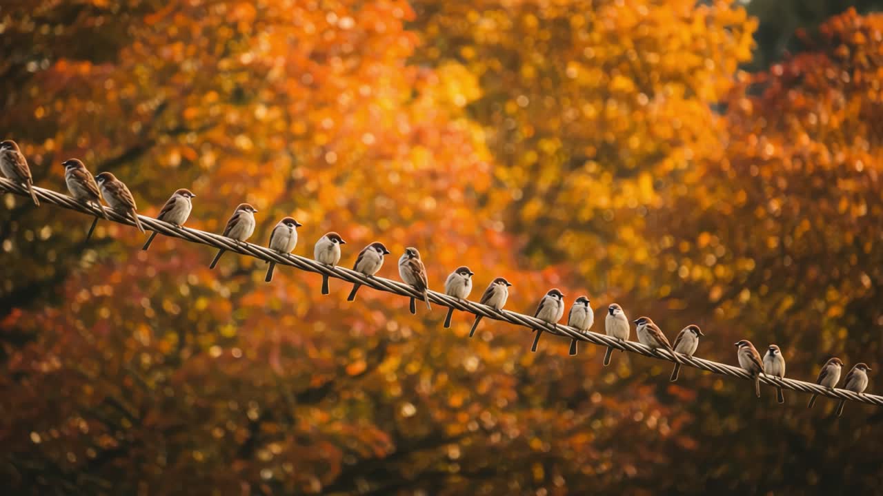 A Chorus of Sparrows: A Captivating Display of Birds Perched on a Wire Against a Vibrant Fall Foliage Background Showcasing Nature's Beauty