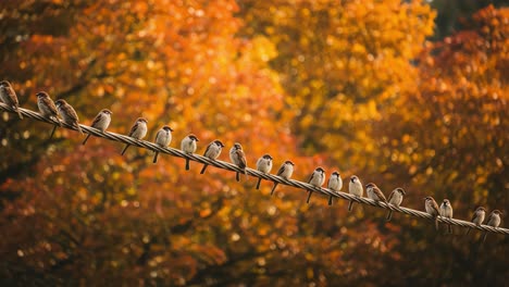 a chorus of sparrows: a captivating display of birds perched on a wire against a vibrant fall foliage background showcasing nature's beauty