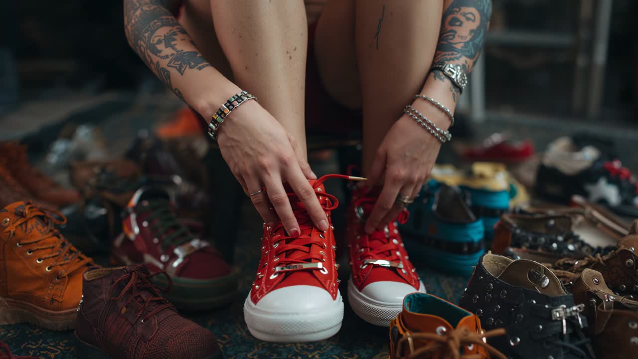 Donna seduta che si allunga e si allaccia le scarpe da ginnastica rosse stringendole sulle gambe nude sul tappeto, preparandosi a muoversi