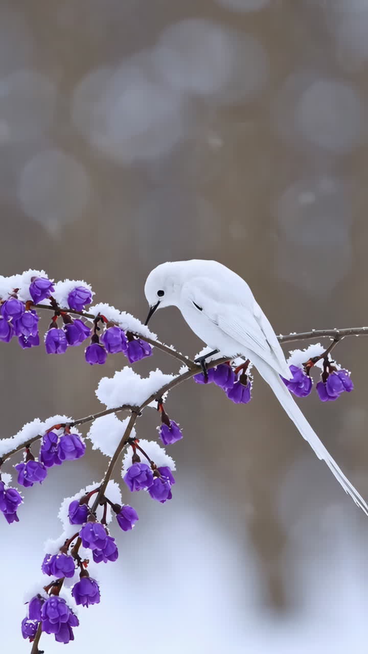 Uccello bianco su un ramo innevato con fiori viola.