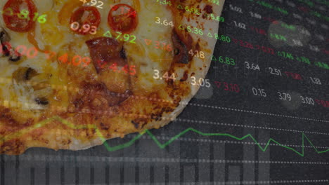 animación de gráficos y tablero de negociación multicolor sobre pizza contra fondo negro