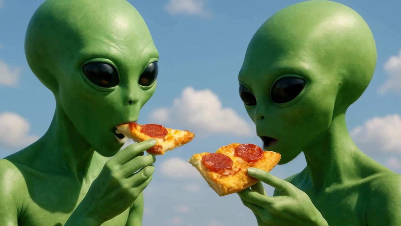 Açık Havada Pepperoni Pizza Yiyen İki Yeşil Uzaylı