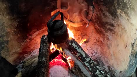 close-up of cooking dinner in a pot on a wooden fire in a brick fireplace in a traditional kitchen