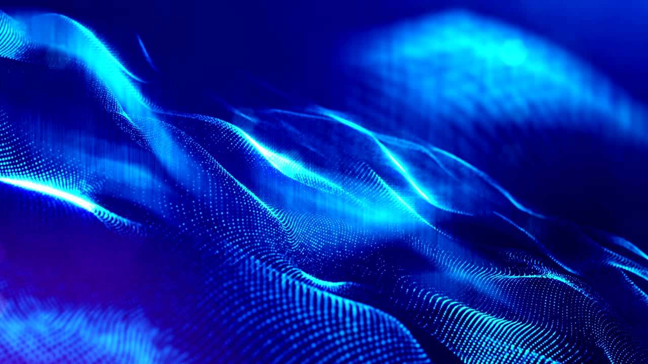 3d seamless animation as digital science fiction background of glowing particles like in nano world with depth of field, bokeh. Particles form line, surface grid or mysterious virtual space. Blue 11