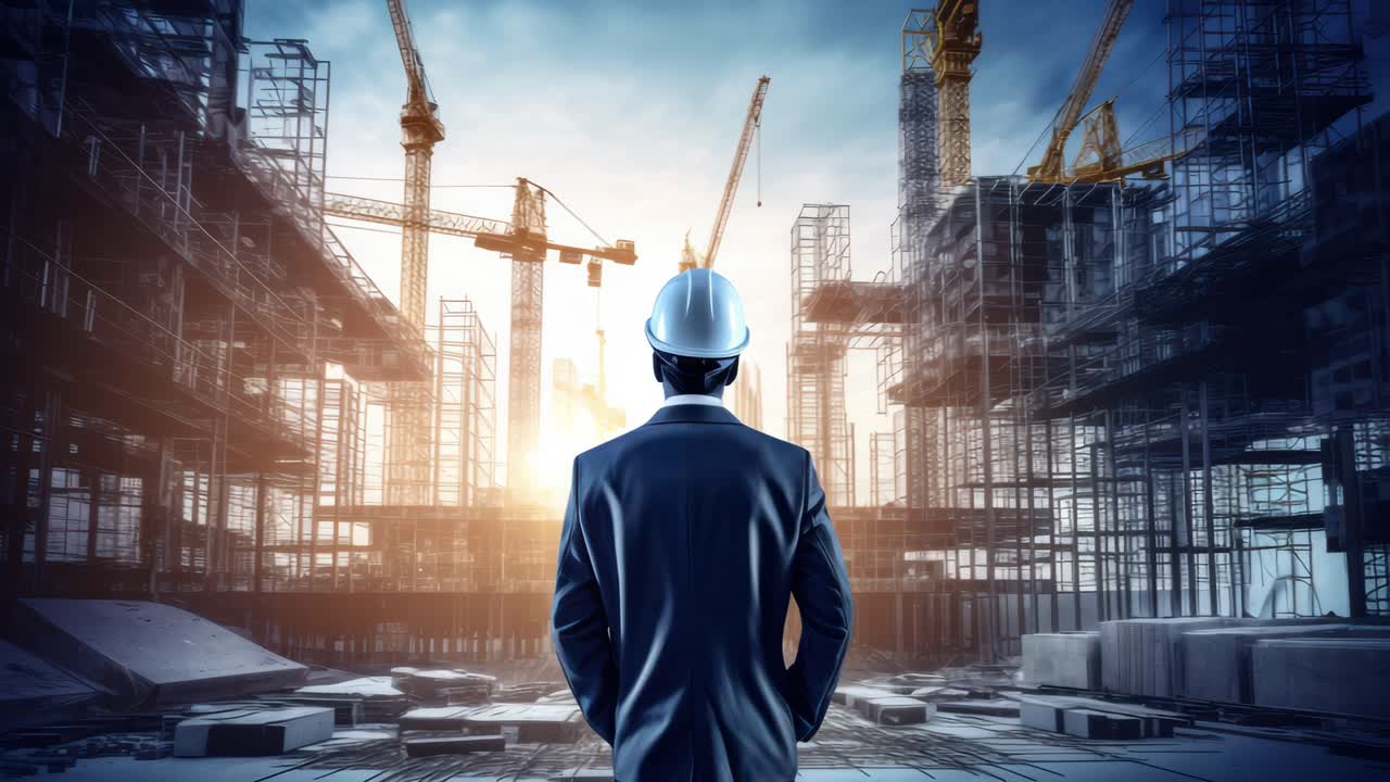 Low-angle shot of a man in a suit and hard hat, standing amidst a futuristic construction site