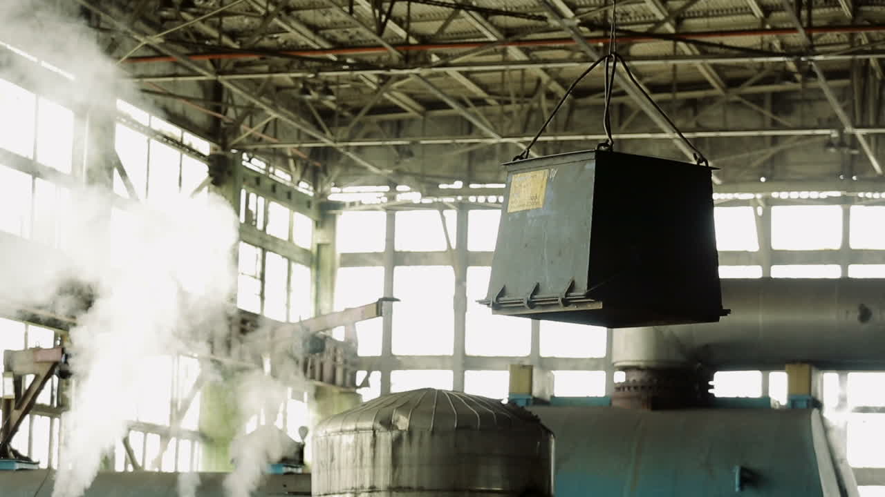 Crane in industry factory. Ceiling of factory workshop with overhead crane
