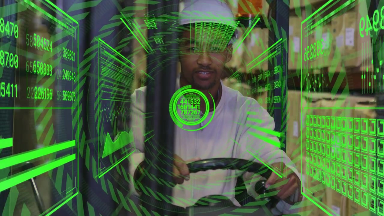 HUD activating as warehouse driver holding wheel adjusting controls steering while tracking metrics