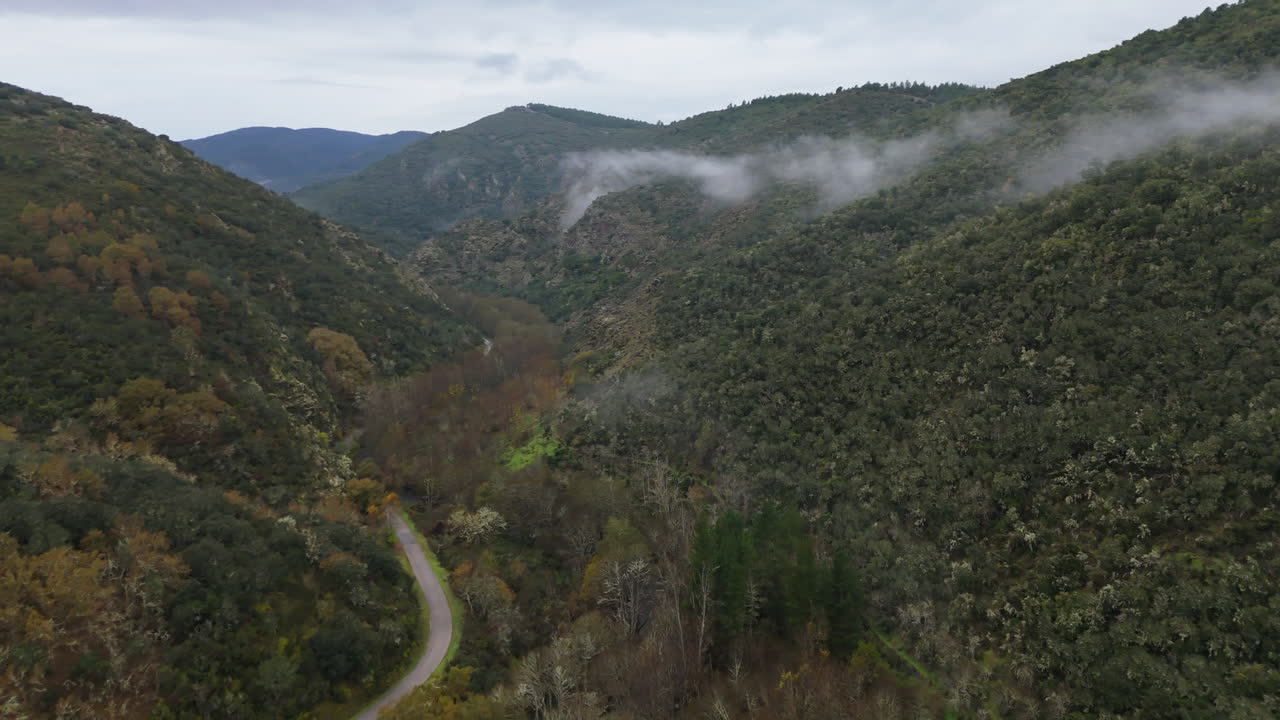 Aerial drone footage of a narrow road curving through a lush mountain valley on a cloudy day. Mist drifts between the hills, creating a cinematic atmosphere