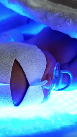 naked newborn baby with bandage on eyes lies on uv lamp. infant having higher level of bilirubin is treated by phototherapy. vertical video