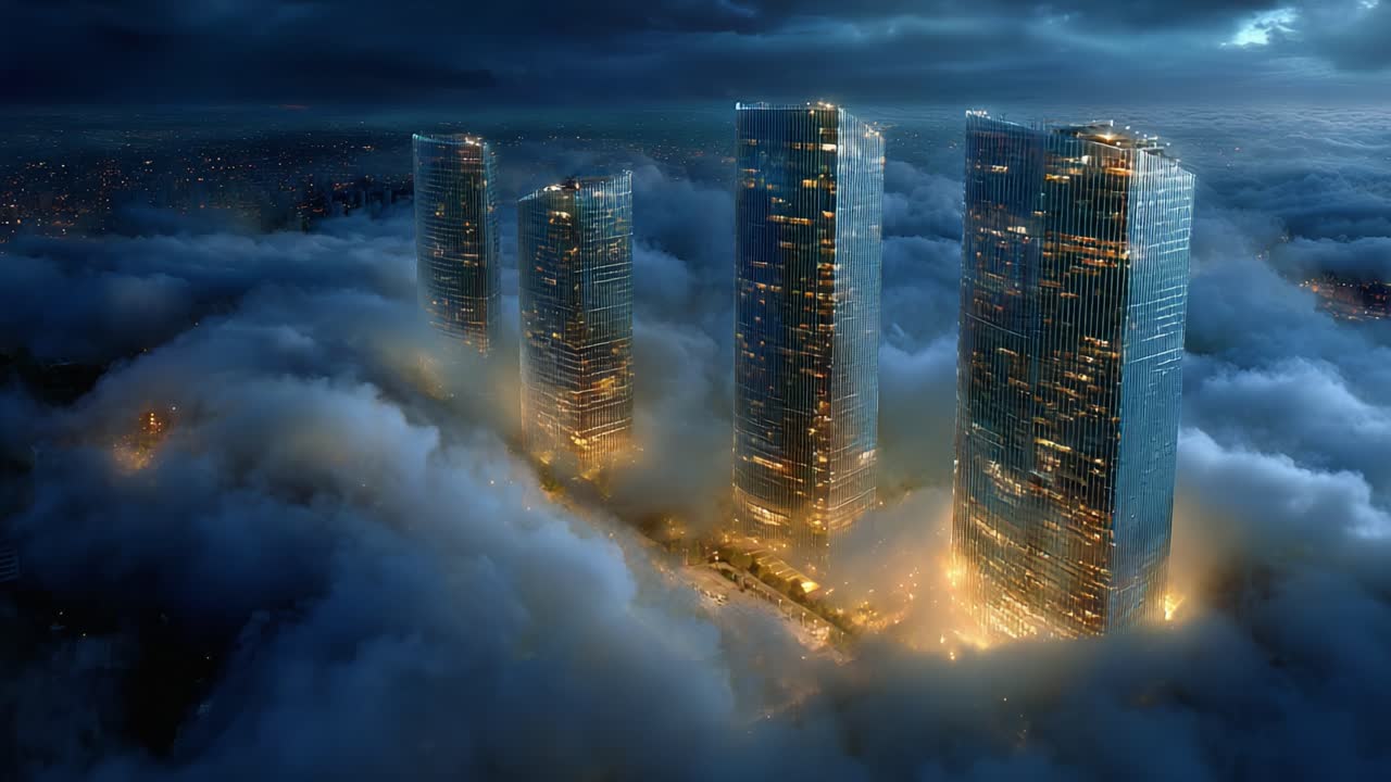 Majestic Cityscape Emerges From Ethereal Clouds at Dusk, Showcasing Modern Skyscrapers Surrounded by Mysterious Fog and Soft Illuminations
