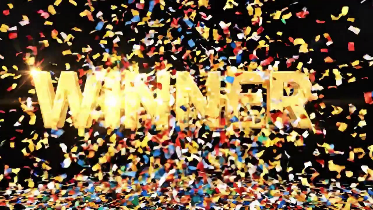 A triumphant display of victory with the word 'WINNER' showcased in bold golden letters, accompanied by a vibrant shower of colorful confetti celebrating achievement.