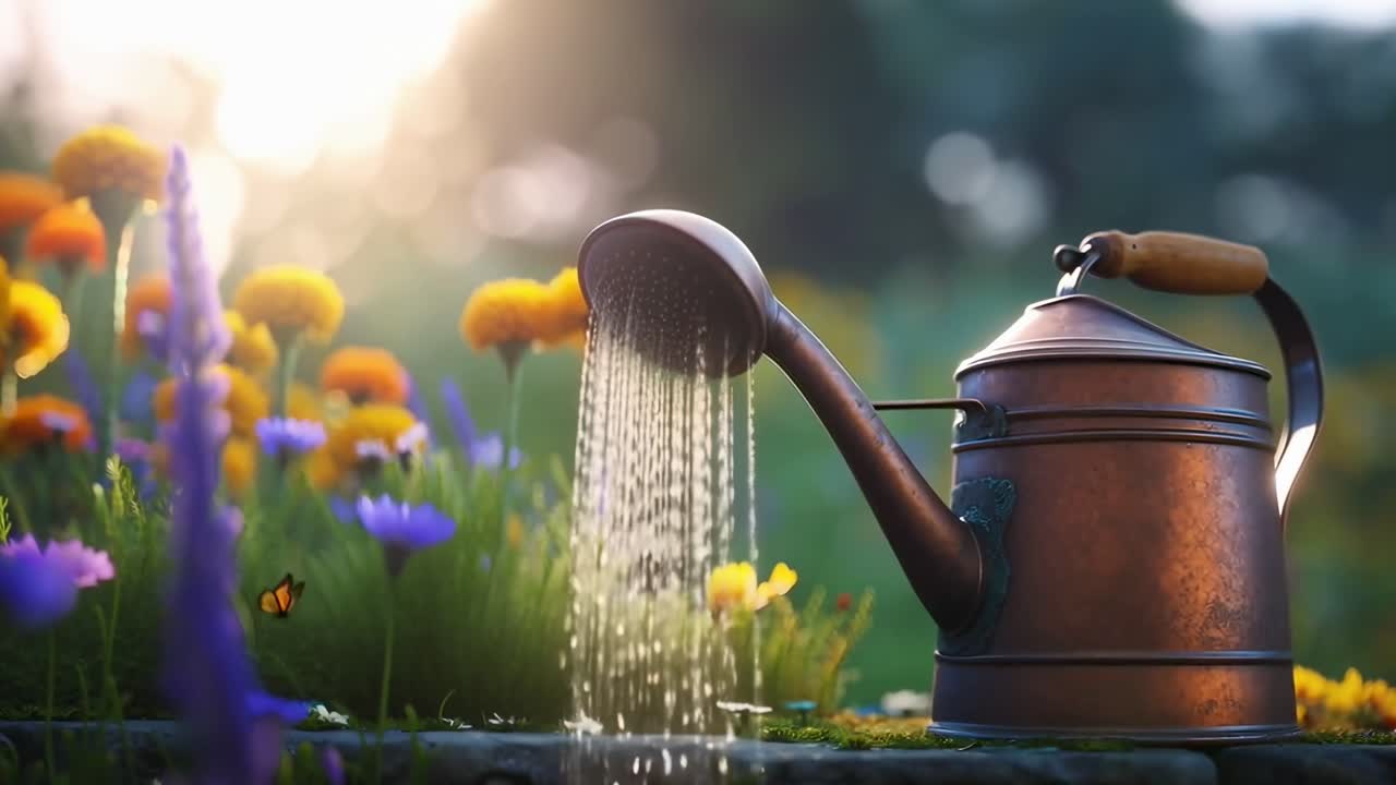 Gießkanne, die Wasser auf farbenprächtige Gartenblumen im Sonnenlicht gießt.