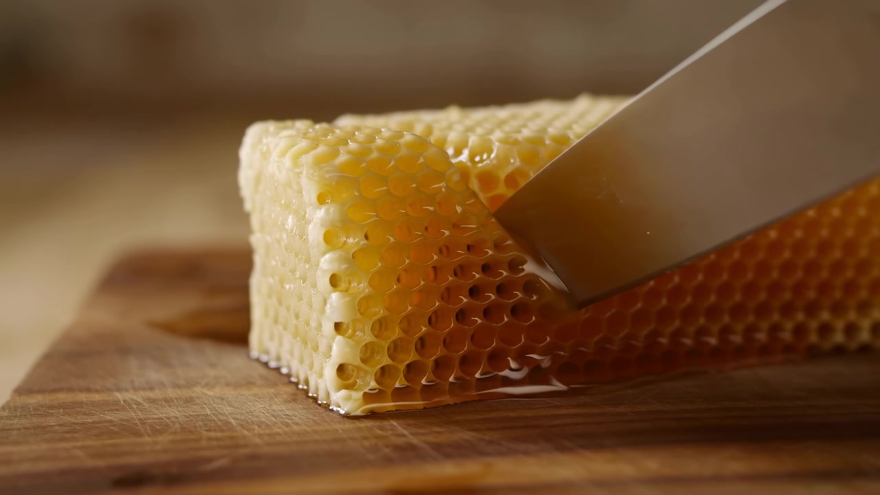 Taglio di favo con un coltello su una superficie di legno, con favo, coltello, texture di legno e vetro, da una prospettiva dall'alto, con accenti gialli e marroni e un'atmosfera neutra.