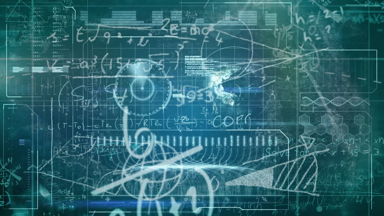 Animation of complex equations and diagrams overlaying digital blueprint in school