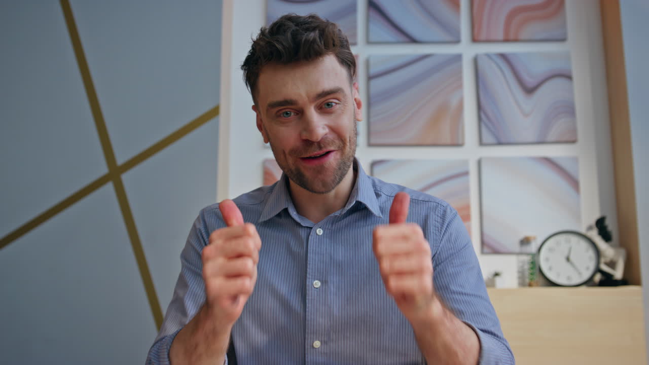 Pov view online director having conversation in office. Happy man video call