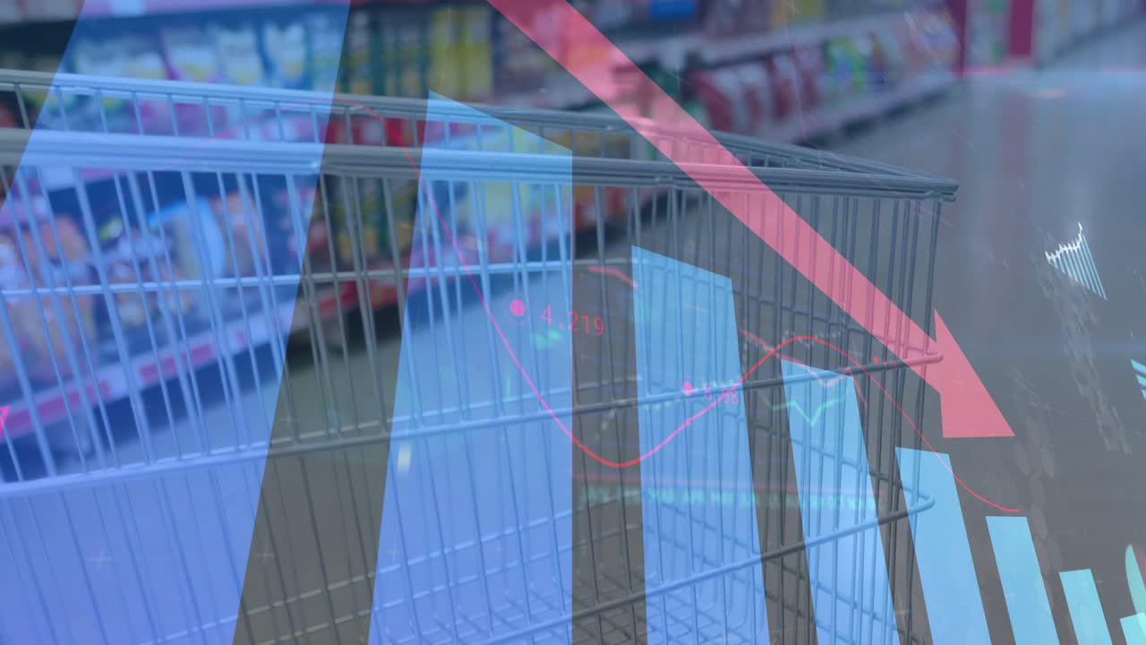 Cart moving forward, data graphics appearing on frames, red arrow falling and showing sales decline
