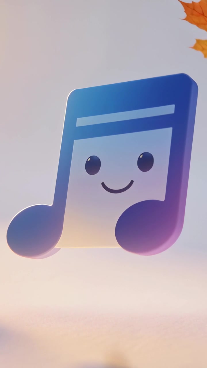 Video verticale: Nota musicale 3D sorridente che fluttua, ondeggia e ruota mentre una foglia d'acero entra e si sposta.