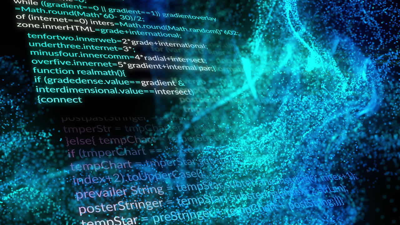 In school, animation of digital code with blue abstract patterns in background