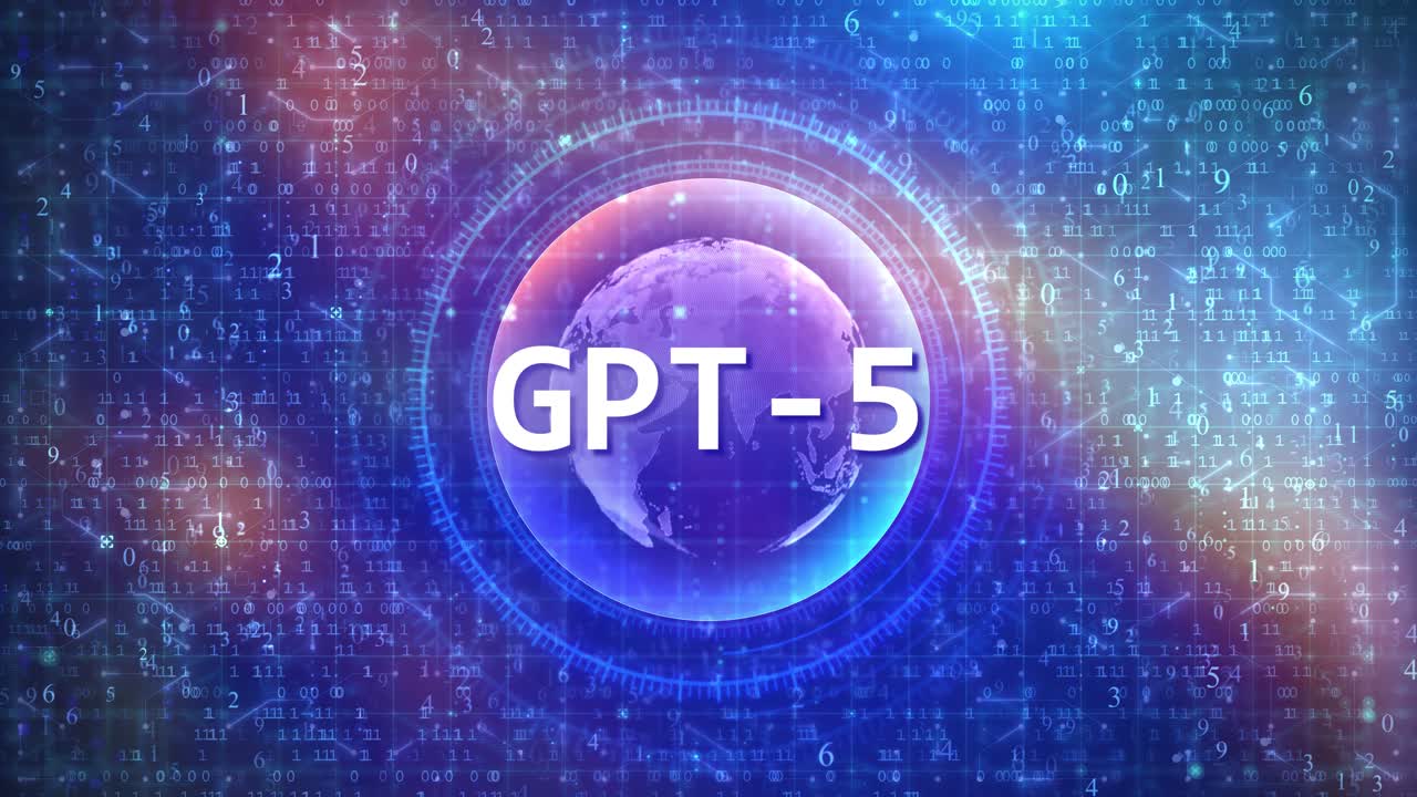 GPT-5 Concept on Futuristic Cyberspace Background with HUD, Numbers, and Globe