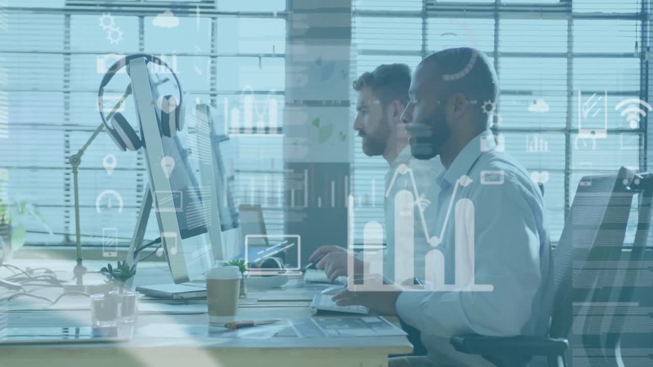 Animation of multiple graphs, icons and trading board, diverse coworkers using desktop in office