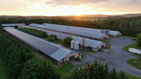 large farmstead with barn and livestock housing of animals in america. golden sunset behind farm fields. aerial descend wide shot. production of alternative energy on roof of building. pa,usa.