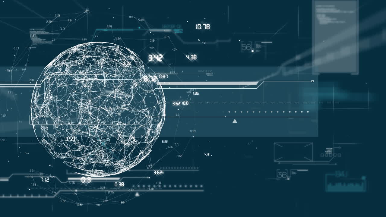 Animation of globe with network of connections data processing over dark background