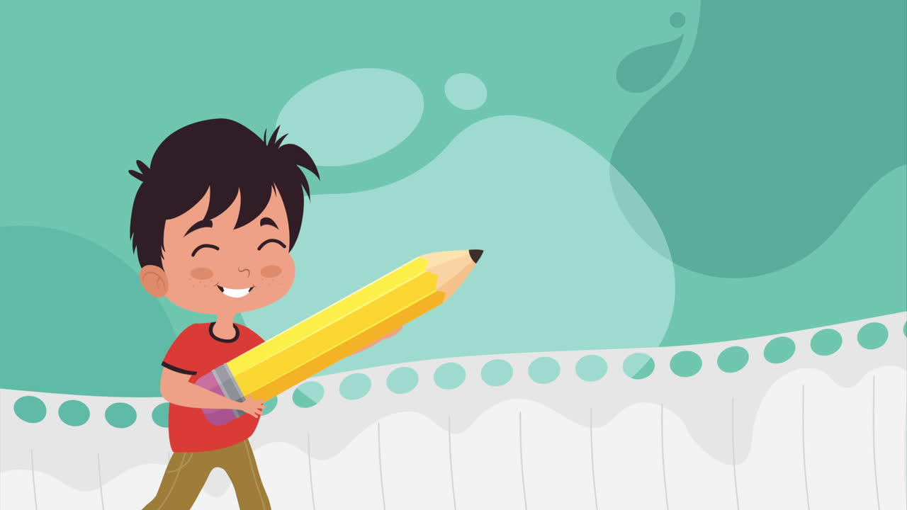 un niño sonriente sosteniendo un lápiz grande