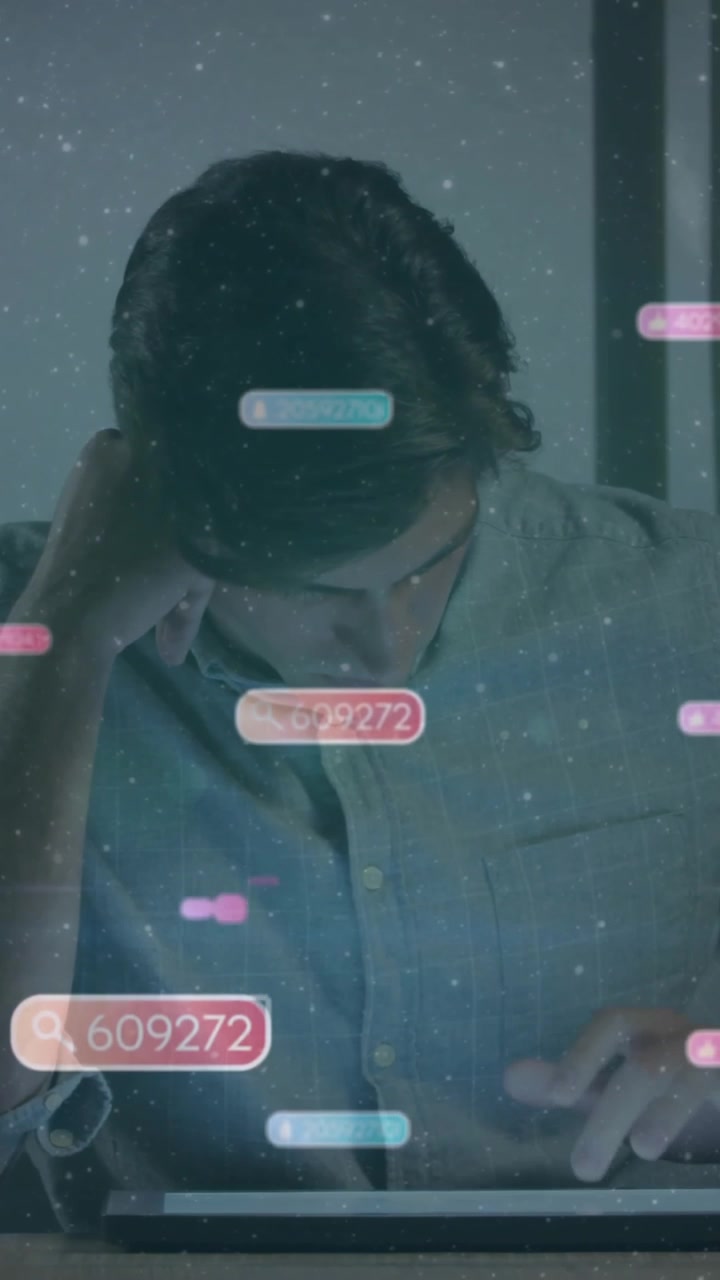 Man using tablet with floating numbers and data processing animation