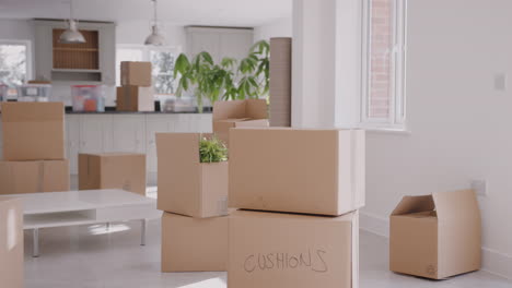 dolly shot of removal boxes inside empty room on moving day