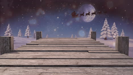 animación de santa claus en trineo tirado por renos sobre muelle de madera y paisaje de invierno