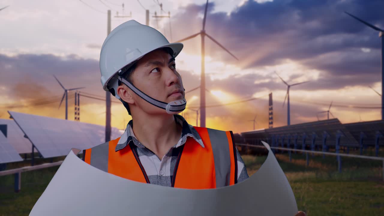 Close Up Of Asian Male Engineer With Safety Helmet Looking At Blueprint In His Hands And Looking Around While Standing With Solar Panel and Wind Turbines