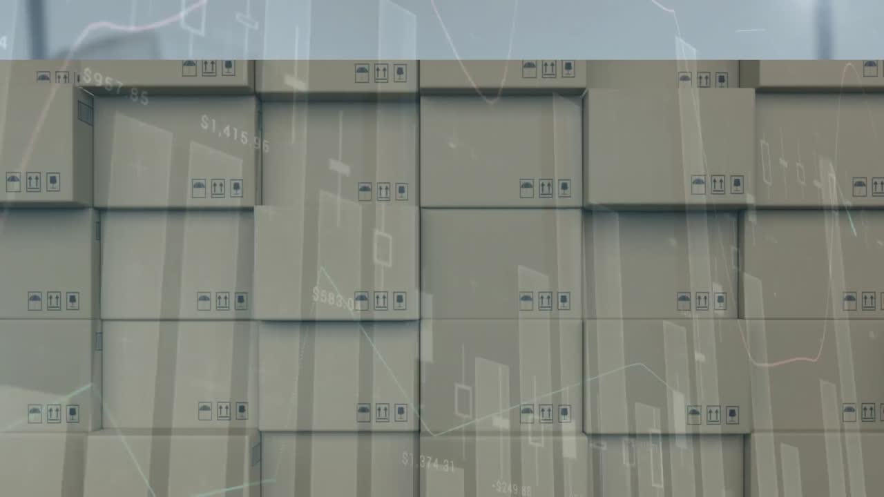 procesamiento de datos estadísticos sobre la pila de cajas de entrega contra el almacén